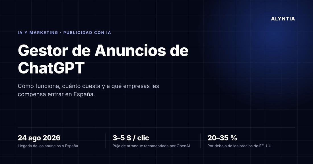 Gestor de anuncios de ChatGPT: guía de Alyntia sobre ChatGPT Ads en España, con las cifras clave de coste y fecha de lanzamiento