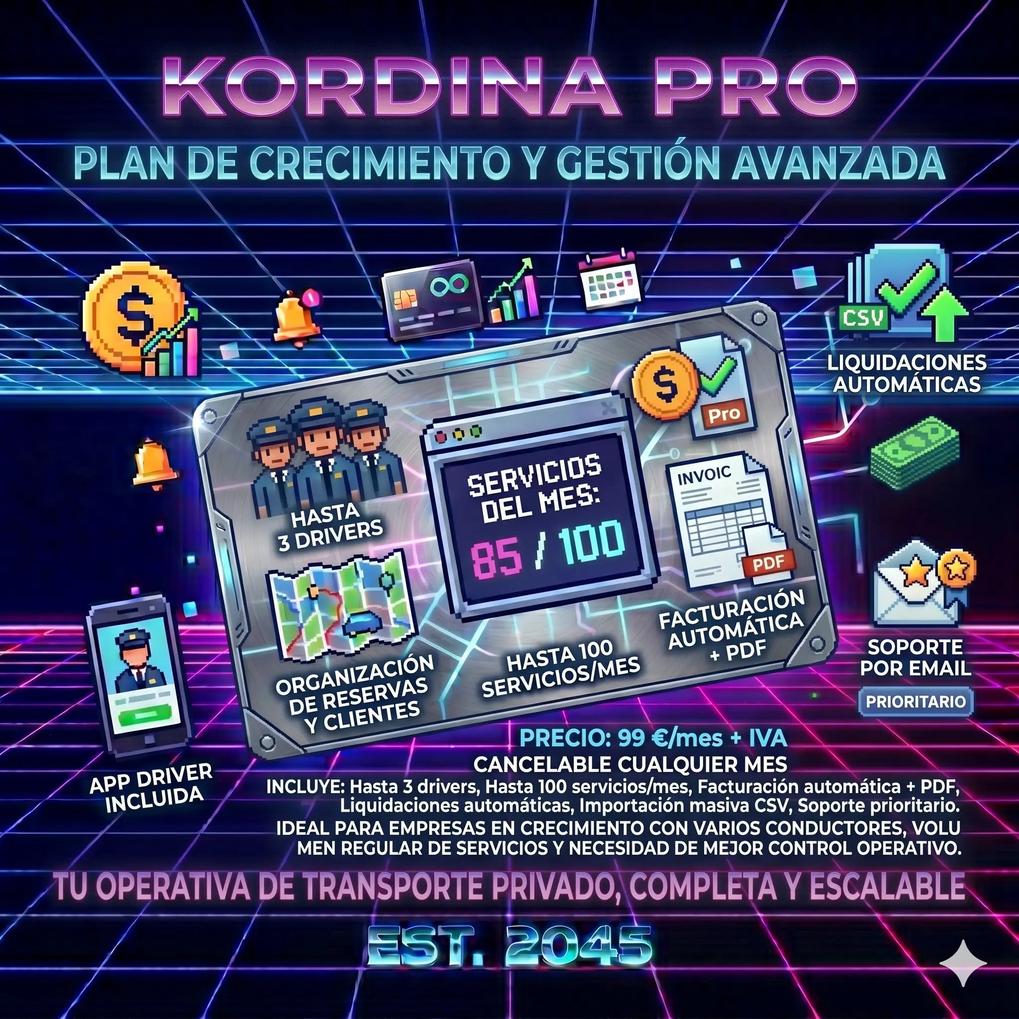 Kordina Pro | SaaS para transfers | Hasta 3 drivers y 100 servicios